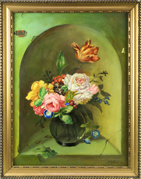 Okänd polsk konstnär, olja, trompe l'oeil med blomvas i nisch och insekter, _15196a_8d9b8bb478cf84b_lg.jpeg