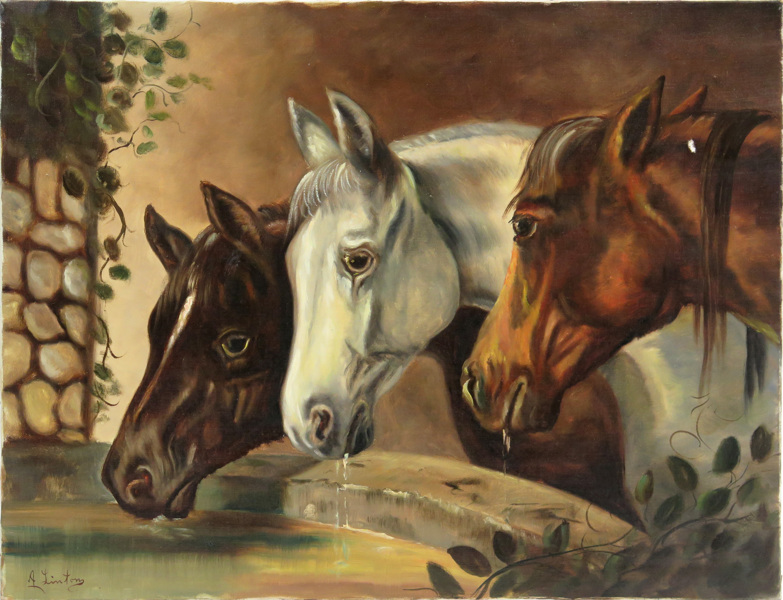 Okänd konstnär, 1900-talets 1 hälft, olja, Tre vänner - motiv med hästar,_1665a_8d83f90197a6862_lg.jpeg