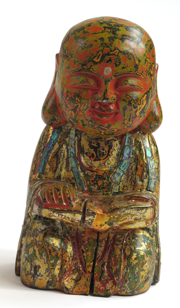 Skulptur, skuret och bemålat trä med pärlemorintarsia, sittande Buddha med bok, _1671a_8d83f88dd9bacb3_lg.jpeg