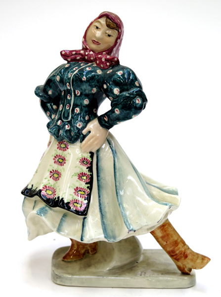 Goldscheider, Marcel, egen verkstad, Staffordshire, figurin, glaserat flintgods, dansande kvinna i folkdräkt, _17634a_lg.jpeg