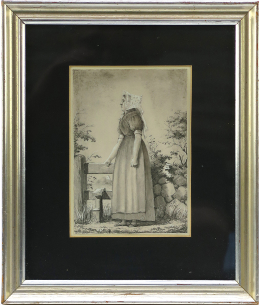 Okänd konstnär, 1800-talets 2 hälft, blyerts med täckvitt, kvinna vid grind, _19619a_8da4f7e770a8b35_lg.jpeg