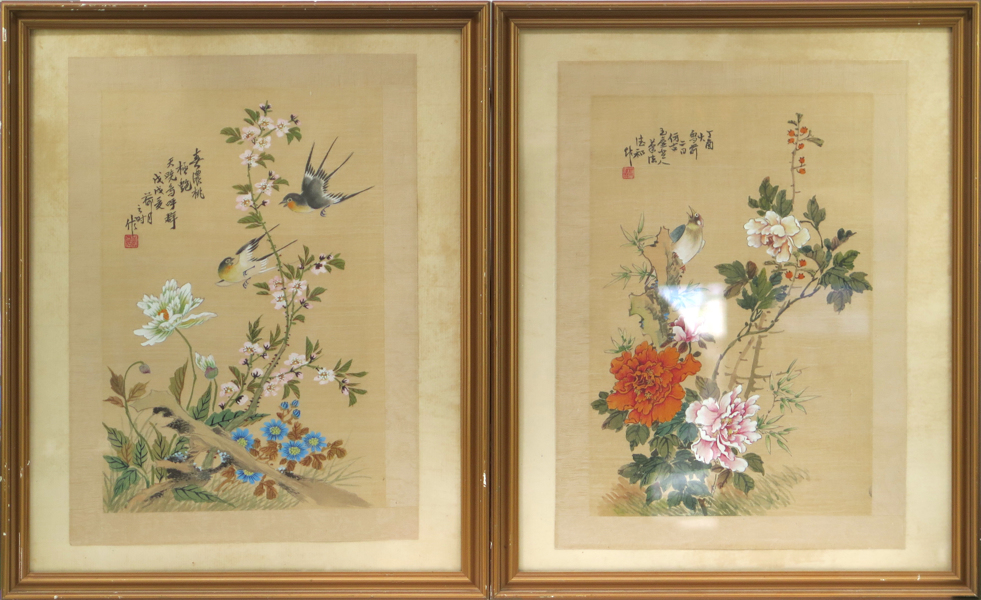 Okända kinesiska konstnärer, 1900-tal, gouacher på siden, 2 st, dekor av fåglar pioner mm, _19764a_8da51371e814383_lg.jpeg