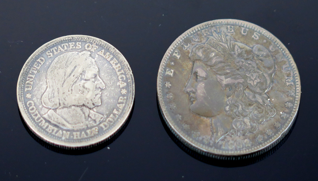 Silvermynt 2 st, USA, 1 $ 1892, så kallad Morgandollar, myntort New Orleans samt 1/2 Columbian $ 1893, _22114a_8da94968f7648c7_lg.jpeg
