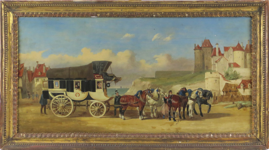 Okänd fransk konstnär, olja, 1800-talets 1 hälft eller mitt, diligens framför Château de Dieppe, _23790a_8dac70f2d51d0dd_lg.jpeg