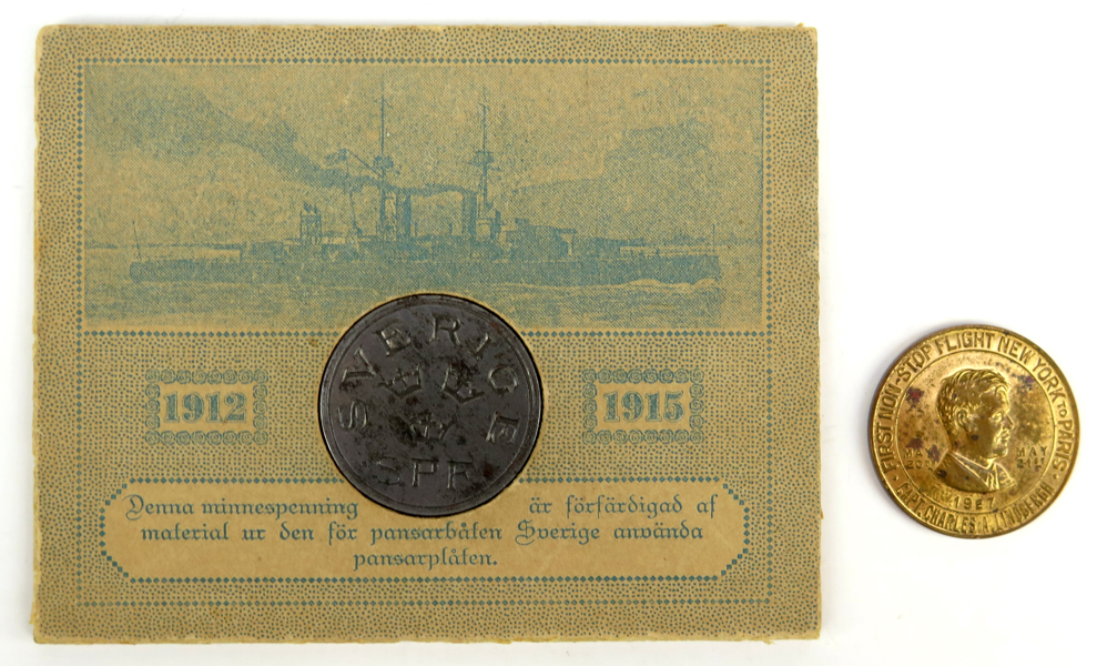 Polletter, 2 st, metall, "Lucky Lindbergh" 1927 samt Pansarbåten Sverige_24365a_lg.jpeg