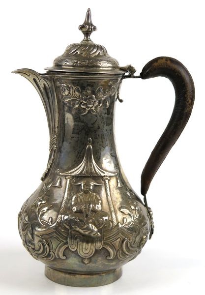 Kaffekanna, sterlingsilver med läder(!)klätt handtag, England, sannolikt George II, 1700-talets 2 hälft, total vikt 650 gram, _24483a_lg.jpeg