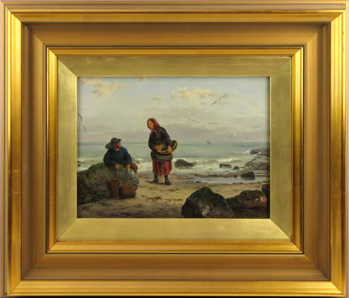 Okänd engelsk konstnär, olja, 1800-talets 2 hälft, fiskarpar på strand, otydligt signerad Hertley (?), 19 x 25 cm_25279a_8daf4a5d2921dac_lg.jpeg