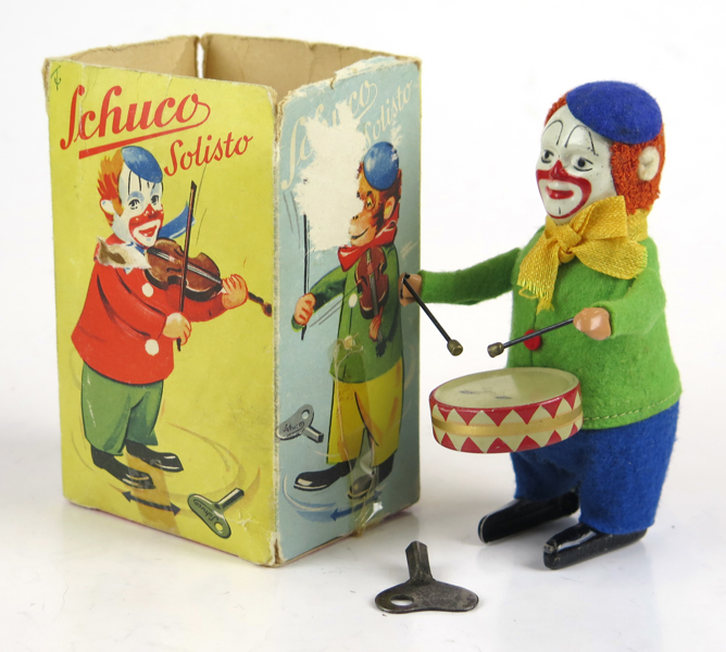 Mekanisk leksak, Schuco, 1940-50-tal, trummande clown, "Solisto", med (defekt) originalförpackning, h 11 cm_25364a_8daf7d9885769d0_lg.jpeg