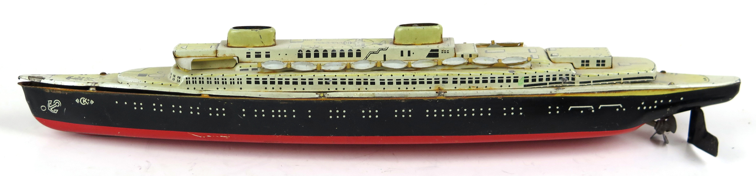 Fartygsmodell, litograferad plåt, CKO Kellermann, 1900-talets mitt, atlantångare, "Atlantic" modellnummer 354, l 35 cm, bruksslitage_25371a_8daf87a0fe127b1_lg.jpeg