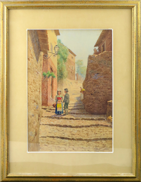 Okänd italiensk konstnär, sekelskiftet 1900, akvarell, bygata med par i traditionell dräkt, signerad L Roncati (?), synlig pappersstorlek 32 x 23 cm_25547a_lg.jpeg
