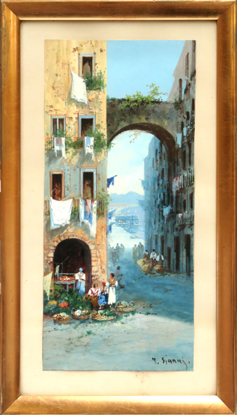 Gianni, Maria, gouache, utsikt från Quartieri Spagnoli över Neapel med Vesuvius i fonden, signerad,_2638a_lg.jpeg