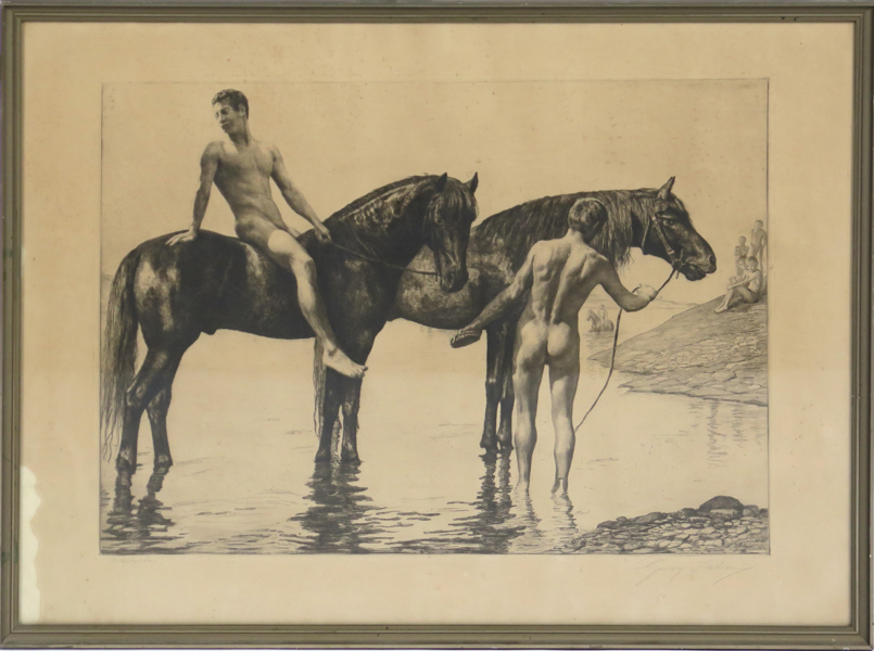 Jahn, Georg, etsning, badande kavallerister med hästar, "Pfedrdeschwemme", signerad, synlig pappersstorlek 45 x 59 cm, gulnad_26677a_8db21678cf265bc_lg.jpeg