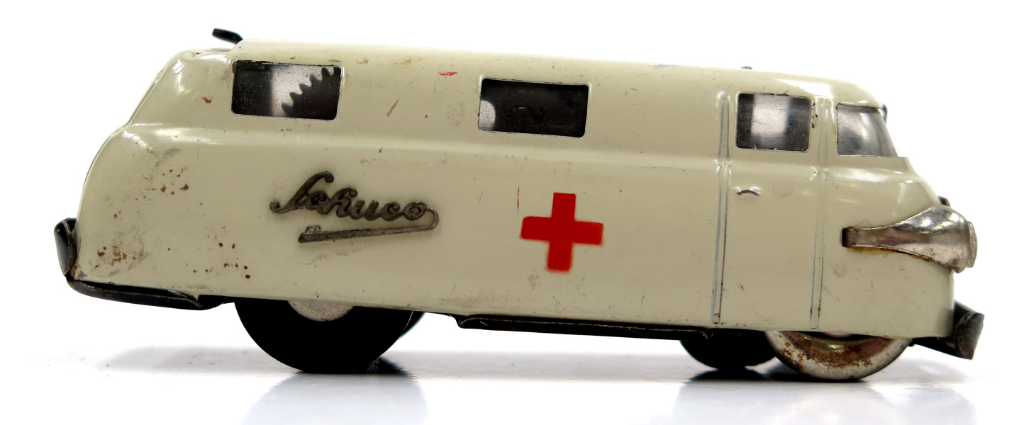 Leksaksbil, litograferad plåt, ambulans, Schuco Varianto-Sani, modellnummer 3043, Tyskland 1950-tal, l 11 cm_2668a_8d8598933efdd27_lg.jpeg