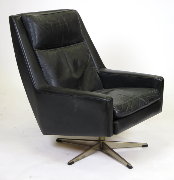 Okänd dansk designer, snurrfåtölj, svart läderklädsel på metallfot, 1950-60-tal_26902a_lg.jpeg