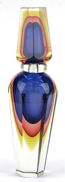 Okänd designer, antagligen Murano, parfymflaska med propp, hexagonal med violett och orange ynderfång, signerad M Oreste (?), h 30 cm_27170a_8db2abcbd7bf4ff_lg.jpeg