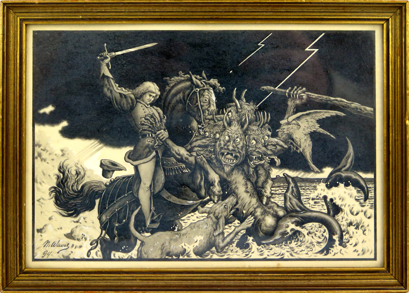 Wivel, Niels, tuschteckning med täckvitt, riddare kämpar mot havsodjur, signerad och daterad 1894, synlig pappersstorlek 15 x 21 cm_28298a_lg.jpeg