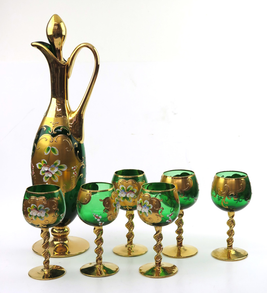 Okänd designer, möjligen Murano, glasservis, 7 delar, grön glasmassa med förgylld och polykrom dekor_28347a_8db5a9e31d59f63_lg.jpeg