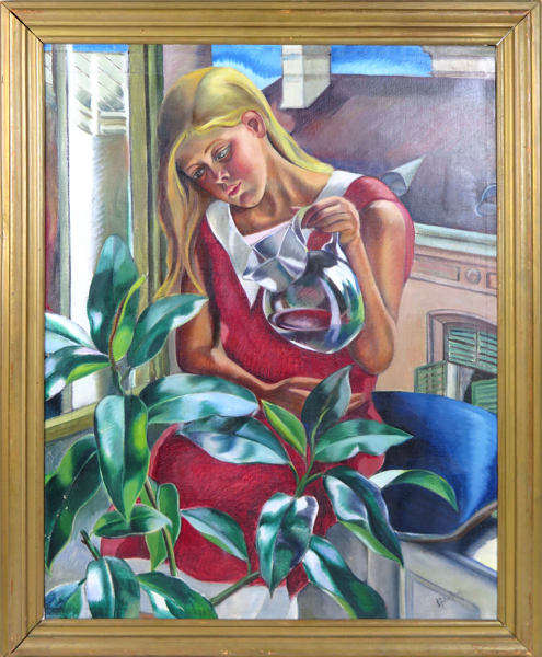 Okänd konstnär, 1900-talets 1 hälft, olja, kvinna med växter, otydligt signerad, 91 x 71 cm, smärre duklagning_28371a_lg.jpeg