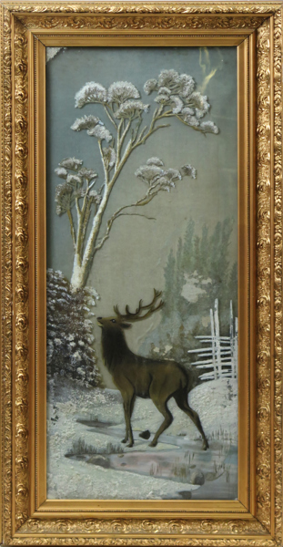 Okänd konstnär, 1800-talets slut, hinterglasmalerei med applikation framför oljemålning, kronhjort, total mått inklusive ram 107 x 55 cm_28420a_lg.jpeg