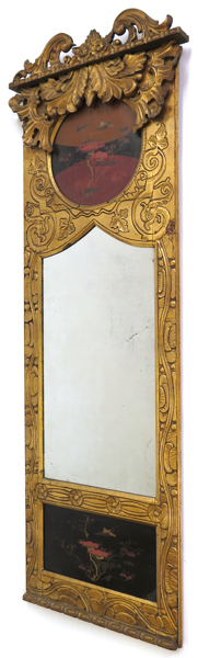 Okänd dansk designer, spegel, skuret och förgyllt trä, så kallad Skønvirke, 1900-talets början, dekor av stiliserade rankor mm, infattade, japanska lackpaneler, h 177 cm, smärre defekter_28436a_lg.jpeg