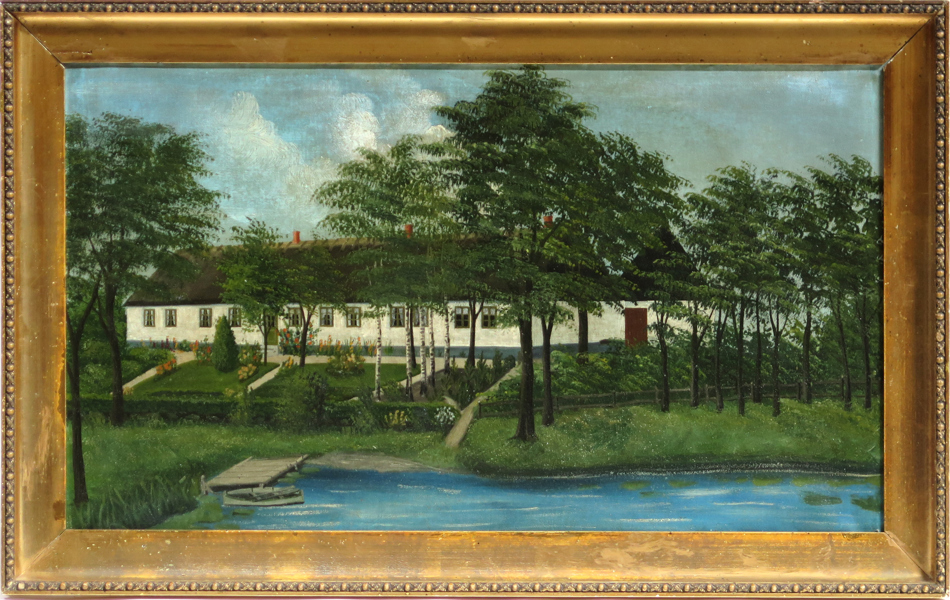 Okänd konstnär, sekelskiftet 1900, olja, så kallad "Gåramålning", Skånelänga vid vatten, 39 x 69 cm_28536a_8db5ab39fb6127d_lg.jpeg