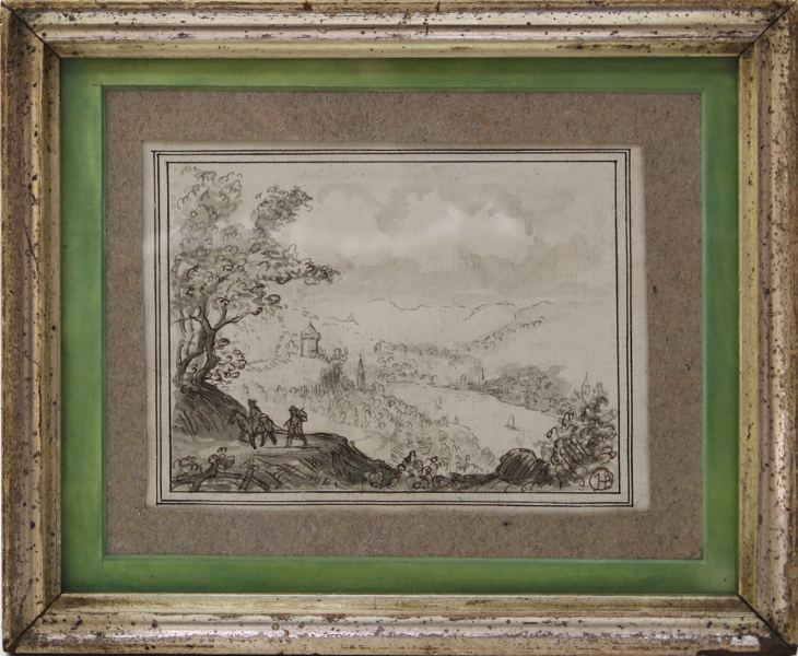 Okänd konstnär, 1600-tal (?), blyerts och tusch, landskap med vandrare, oidentifierad signatur, synlig pappersstorlek 11 x 14 cm_28556a_8db5ab834579a7d_lg.jpeg