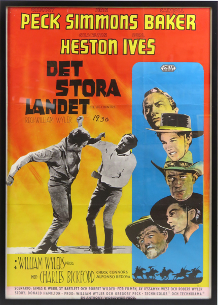 Filmposter, litograferad, "Det stora landet" (The big country) 1958, med bland andra Gregory Peck, Jean Simmons och Carroll Baker. synlig pappersstorlek 99 x 68 cm, påtecknad tidpunkt 1930, _28676a_lg.jpeg
