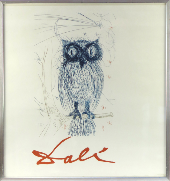 Dali, Salvador, litografi efter färgetsning, "La Chouette Bleue", éd J Schneider 1983 för Galerie Orangerie-Reinz, Köln, numrerad 50/350, synlig pappersstorlek 53 x 49 cm, _31394a_8dbaed90a6f4c79_lg.jpeg