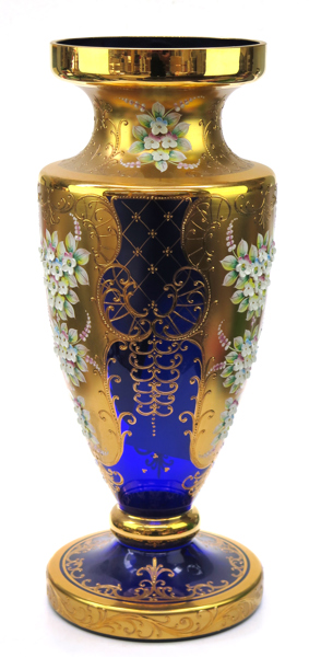 Okänd tillverkare, 1900-talets 2 hälft, prakt/golvvas, koboltglas, dekor i guld samt av polykroma, applicerade blommor, h 50 cm_31427a_lg.jpeg