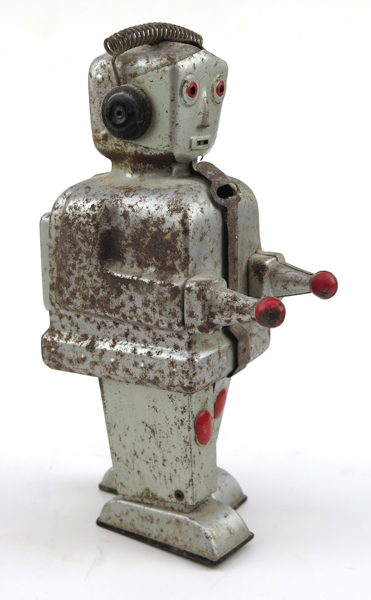 Mekanisk leksak, litograferad plåt, Strenco, Tyskland, 1950-tal, robot modell "ST1", h 18 cm, anlupen, antenn saknas_31642a_8dbb46b876947b2_lg.jpeg