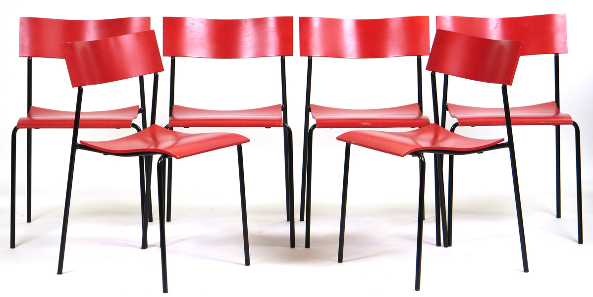  Foersom, Johannes & Hiort-Lorenzen, stolar, Peter för Lammhults, stapelstolar, 6 st, röd polyamidplast på kromat underrede, "Campus Air", design 1992_34013a_lg.jpeg