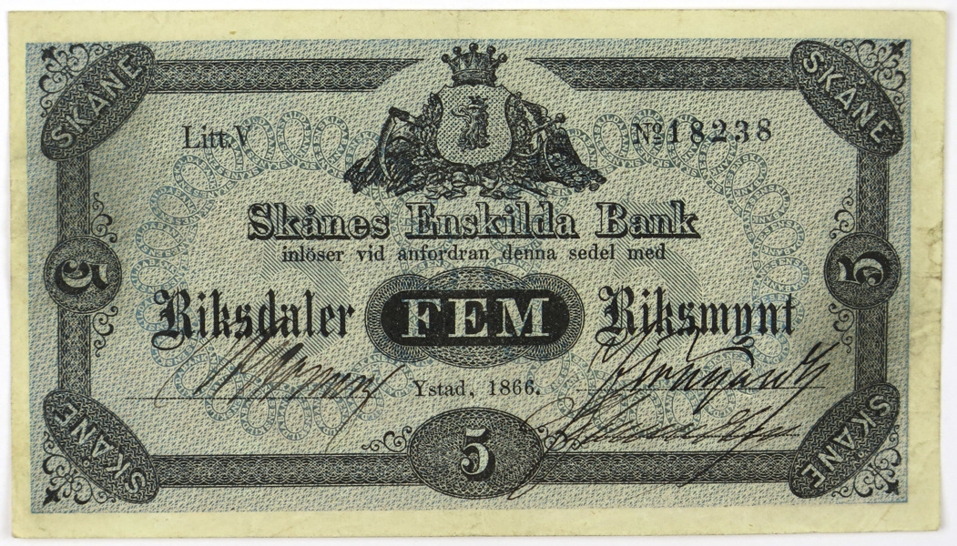 Sedel, 5 Riksdaler Riksmynt, Skånes Enskilda Bank 1866_3547a_8d8704448d17dbe_lg.jpeg
