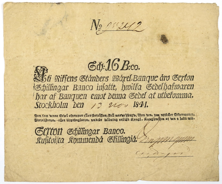 Sedel, 16 Schilling Banco, Riksens Ständers Wäxel-Banque 13 november 1841_3553a_8d87044bb53a27b_lg.jpeg