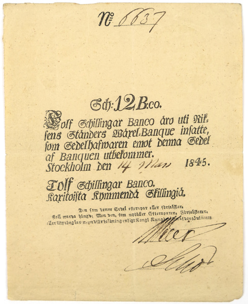 Sedel, 12 Schilling Banco, Riksens Ständers Wäxel-Banque 14 Mars 1845,_3554a_8d87044cdab4b1b_lg.jpeg
