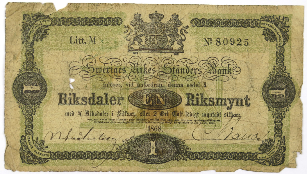 Sedel, 1 Riksdaler Riksmynt, Sveriges Rikes Ständers Bank 1868,_3560a_8d87045465979bf_lg.jpeg