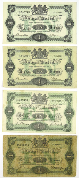 Sedlar 4 st, 1 Krona, Sveriges Riksbank  1914, 1920 samt 1921,_3565a_8d8704ab0507889_lg.jpeg