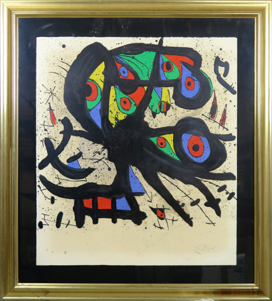 Miró, Joan, färglito, "Agora I" 1971, ed Arte Adrien Maeght, Paris för Musée d'Art Moderne de la ville de Strasbourg, signerad HC, pappersstorlek 88,8 x 78 cm, något gulnad, fäst i överkant_36378a_lg.jpeg