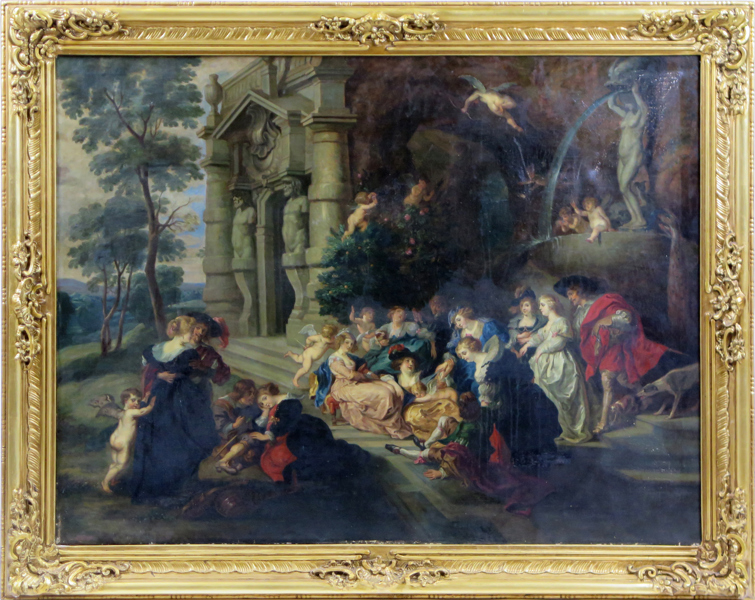 Rubens, Sir Peter Paul, efter honom, olja, "The Garden of Love", efter original på Gemäldegalerie Alte Meister, a tergo stämplad Dresden och daterad 1922, 95 x 123 cm_36379a_lg.jpeg