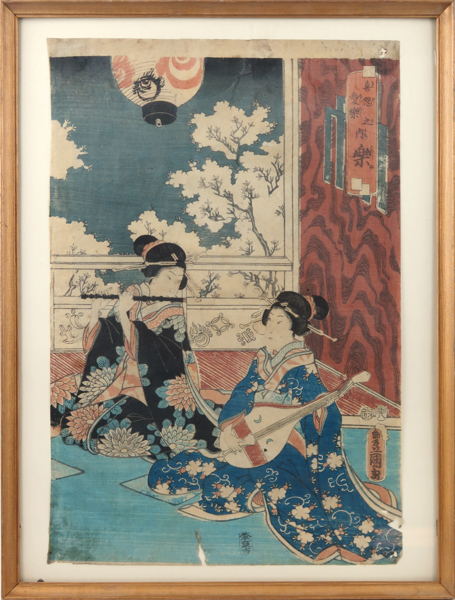 Toyokuni, Kôchôrô III, (Kunisada I),  träsnitt, kvinnliga musiker, sign Toyokuni ga i Toshidama-kartusch, 37 x 25 cm, smärre pappersskador_36553a_lg.jpeg
