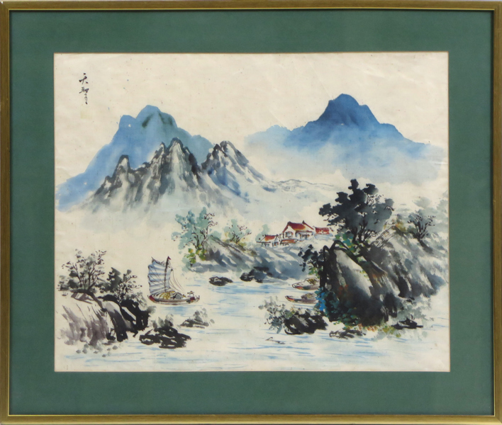 Okänd kinesisk konstnär, 1900-tal, gouache på siden, berglandskap, oidentifierad signatur, synlig bildstorlek 43 x 52 cm_36558a_lg.jpeg