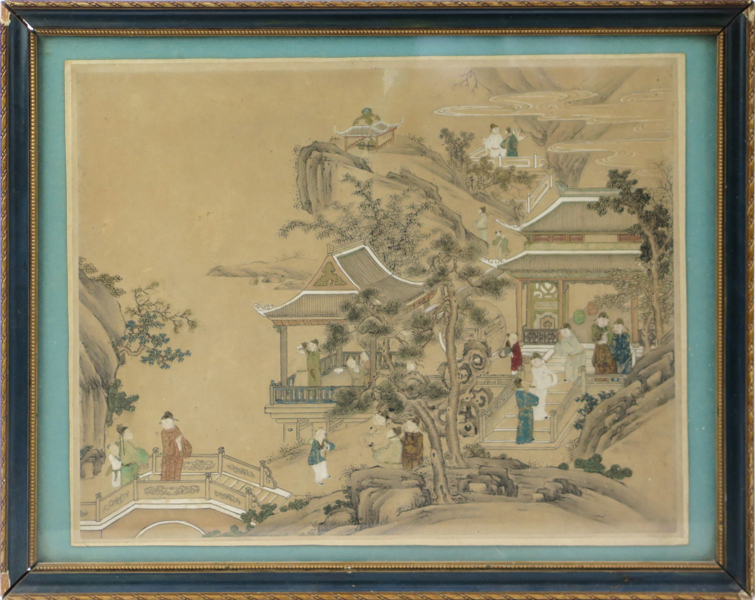 Teckning, akvarellerad tusch med guldinslag, Kina, Qing, personer i tempelmiljö, pappersstorlek 22 x 28 cm_36607a_lg.jpeg