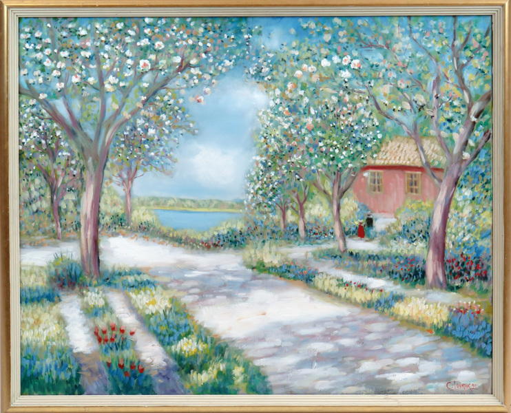 Lourak, Chiger, olja, trädgårdsbild med blommande äppelträd, _4568a_8d88fb207aee615_lg.jpeg