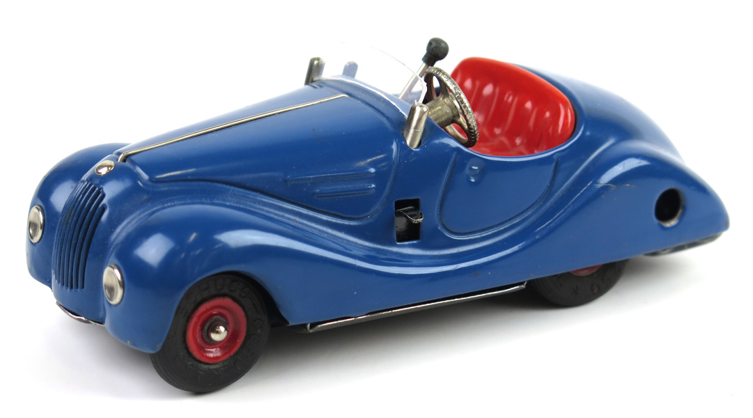 Modellbil, plåt, Schuco Examico 4001, 1900-talets mitt, 4-växlad fjädermotor med handbroms och rattstyrning, _4956a_lg.jpeg