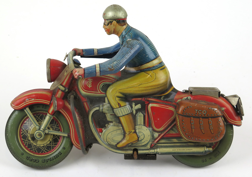 Mekanisk leksak, litograferad plåt, motorcykel, Tipp & Co, Tyskland, 1940-50-tal, _5295a_8d8a0ebbbca4448_lg.jpeg