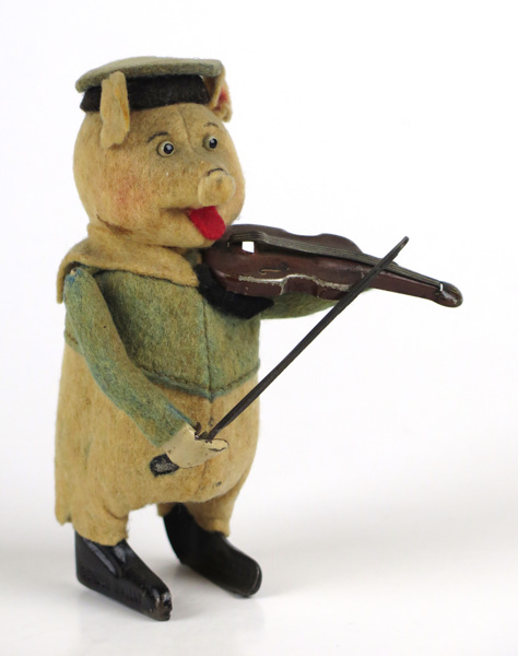 Mekanisk leksak, filtklädd metall, Schuco, 1920-30-tal, fiolspelande gris, _7729a_lg.jpeg