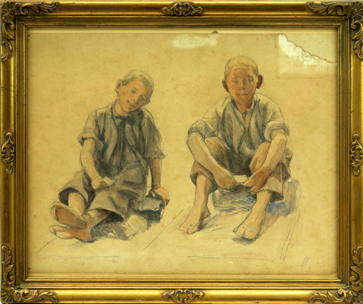 Okänd konstnär, 1800-talets slut, akvarellerad pennteckning, sittande pojkar,_8235a_8d9019f816be315_lg.jpeg